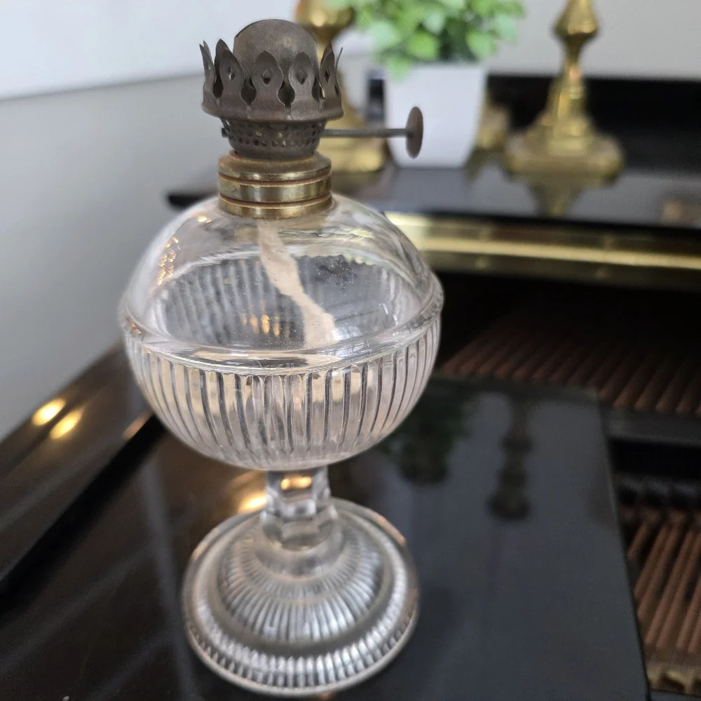Vintage Ribbed Clear Glass Pedestal Oil Lamp